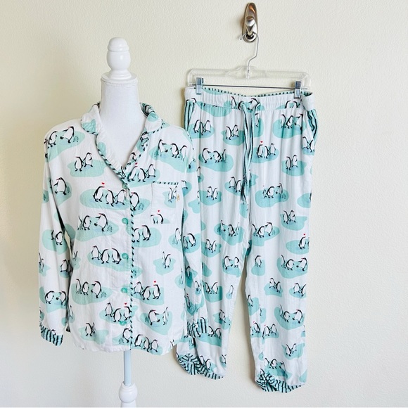 Munki Munki White & Blue Penguin Snow Striped Pajama Long Sleeve Pants Set - Picture 1 of 15